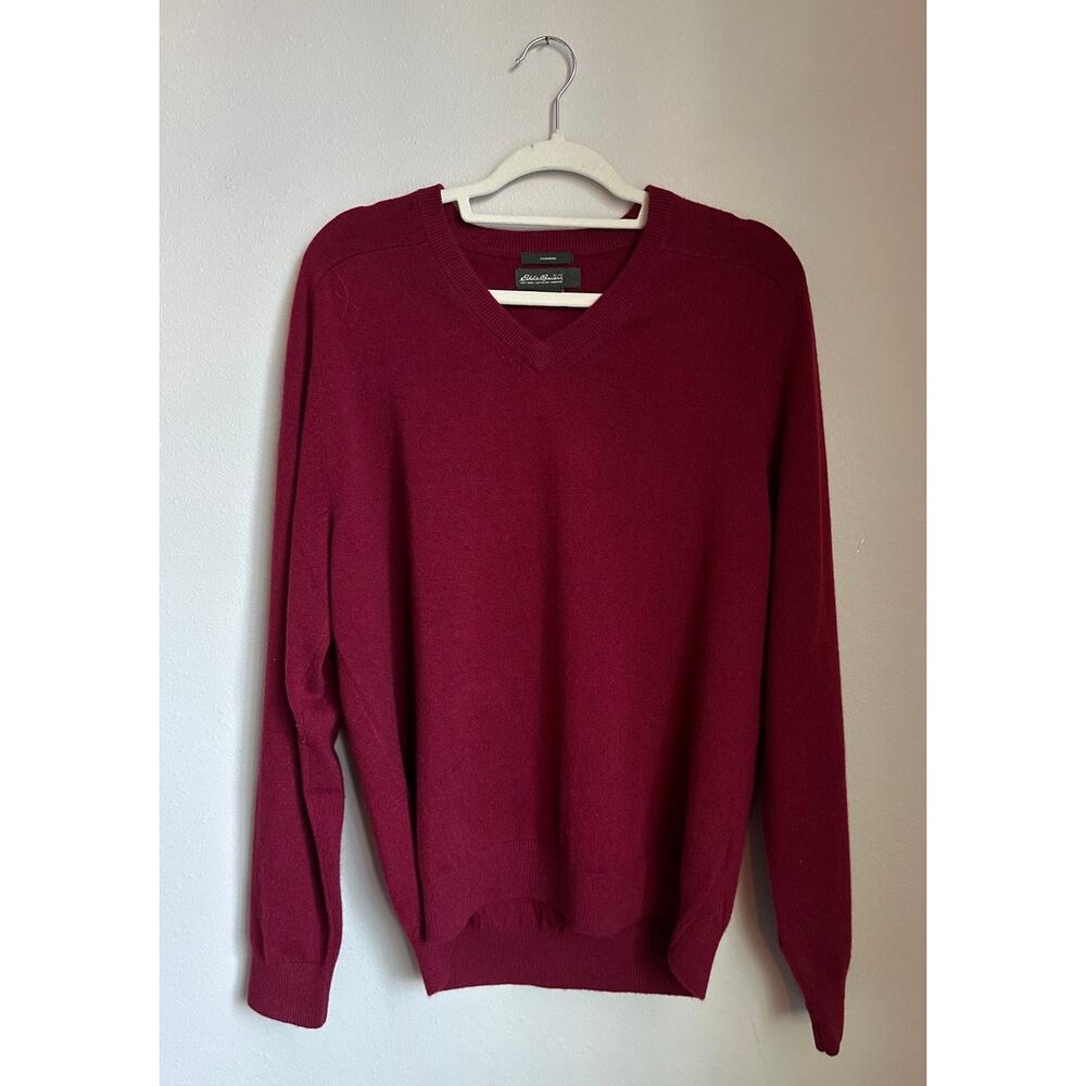 EDDIE BAUER Men's Cut Burgundy V Neck Long Sleeve Cashmere Sweater Size M